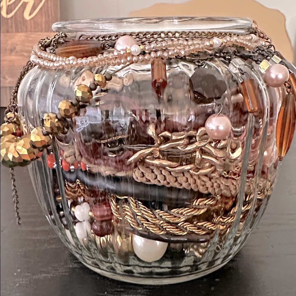 Beautiful Gold, Amber, Copper, Cream & Brown Color Accented Mystery Jewelry Jar.